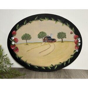 VTG Painting Folk Art Farm Red Barn + Strawberries Oval Landscape Cottagecore